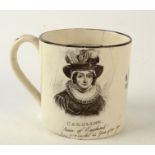 A Staffordshire Queen Caroline black printed urban ware mug,