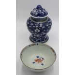 A Chinese prunus blue and white baluster jar and cover, four character mark, height 31cm,
