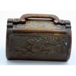 A Chinese bamboo box and cover, 19th century, the handle above a hinged cover with calligraphy,