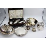 Dessert knives and forks with mother of pearl handles, a card tray, an entree dish etc.
