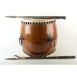 A Japanese Tecko drum, with barrel form body, four loop side handles, height 38cm,