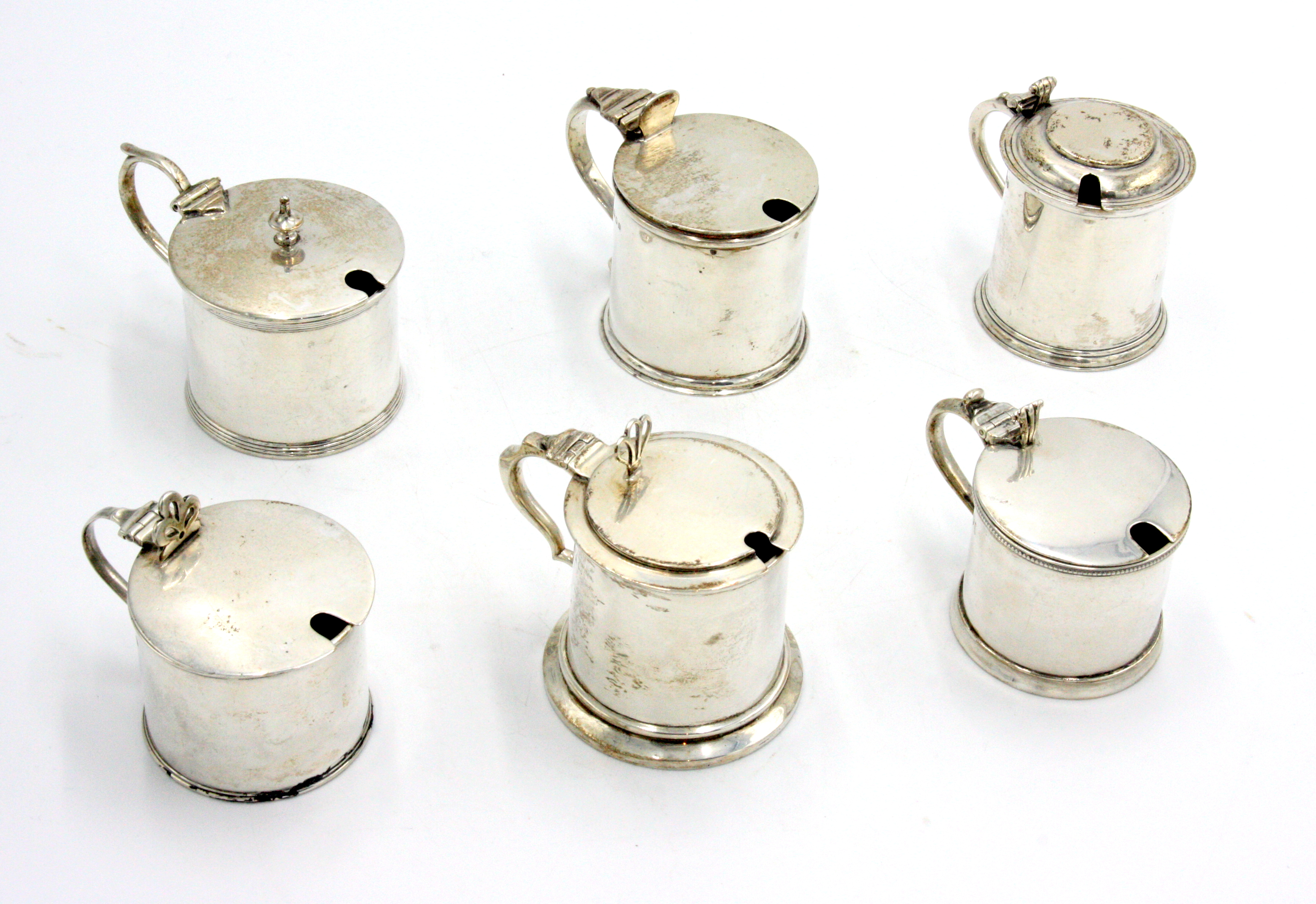 Six silver drum mustard pots, 19.8oz, three with blue glass liners.