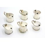 Six silver drum mustard pots, 19.8oz, three with blue glass liners.