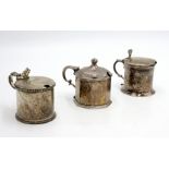 Three engraved silver mustard pots with hinged silver lids, 12.7oz, each with blue glass liner.