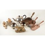 Miscellaneous to include a brass doorstop, copper coal shovels, silver plated tea service, etc.