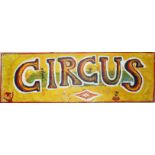 A painted wooden panel 'Circus', signed by Simeon Stafford, 38 x 118cm.