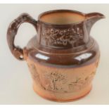 A George III salt glazed stoneware jug, with sprigged on decoration of hunting scenes,