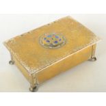 An Arts and Crafts silver plated and enamel cigarette box, possibly A.E.