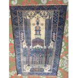 A Belouch rug, with a camel mihrab, buildings and guls, within an indigo serrated gul border,