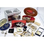 A quantity of costume jewellery, together with a marquetry jewel box etc.