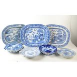 Three Victorian blue and white meat plates and four warming plates.