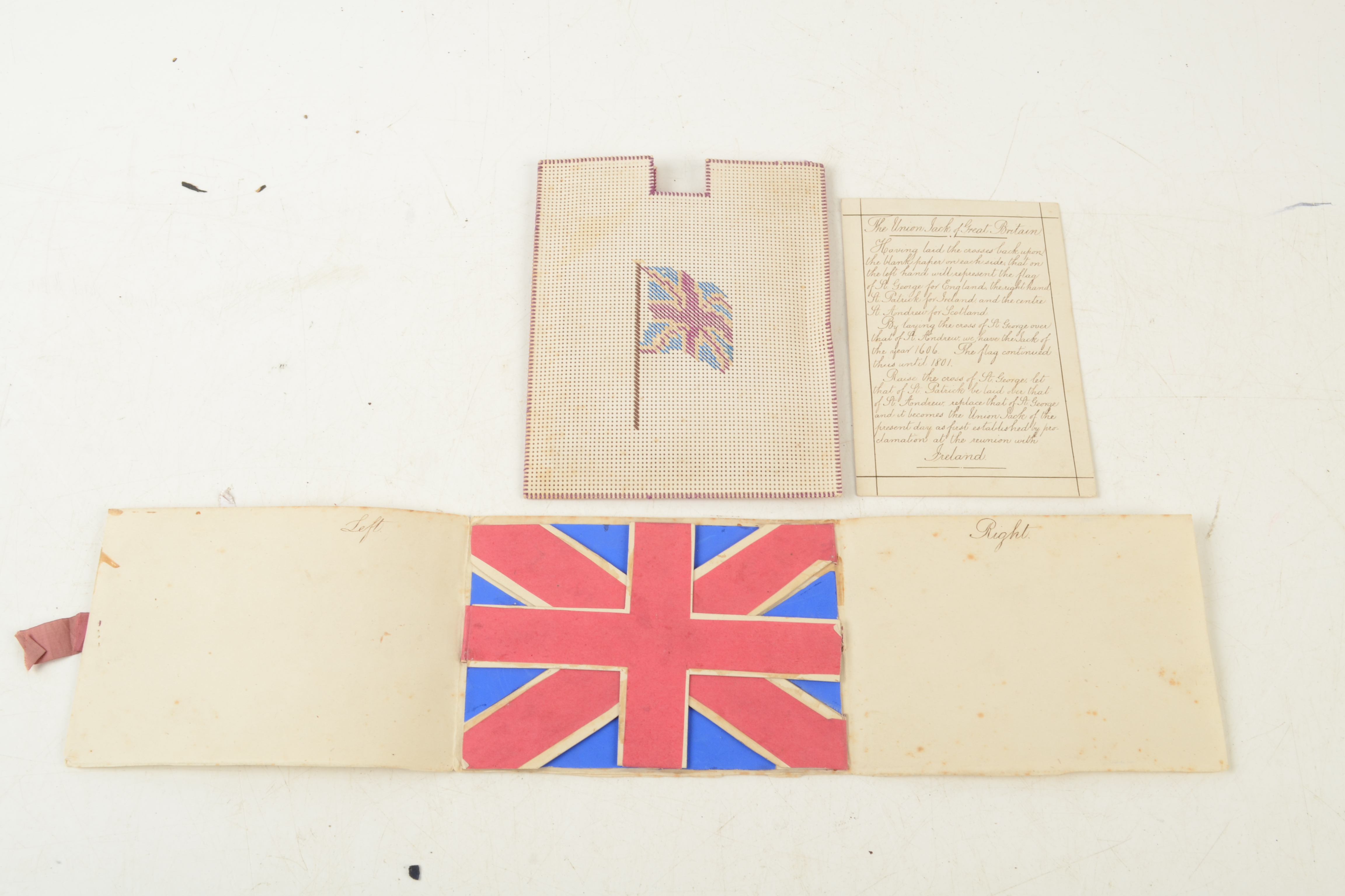 An unusual sailors printed union jack card, pink cotton taped.