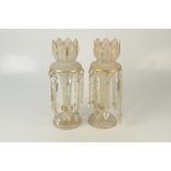 A pair of etched matte and gilt Victorian glass lustres, one damaged.
