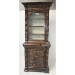 A large Flemish oak cabinet, 19th century, with a single glazed door carved with fruit and leaves,