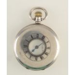 A silver half hunter cased keyless pocket watch, the white dial with Roman numerals,