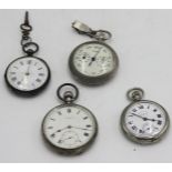 A silver cased small pocket watch, two other pocket watches and a pedometer.
