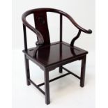A Chinese hardwood open armchair, with a solid vertical splat and square section legs, height 89cm,