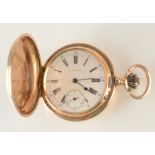 A 14ct gold full hunter cased keyless pocket watch by E.