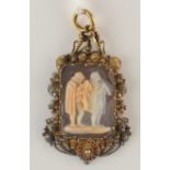 A gold mounted filigree pendant set a cameo in carved shell showing two Renaissance musicians,