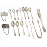 A set of six silver Walker & Hall golfing coffee spoons, a silver fork,