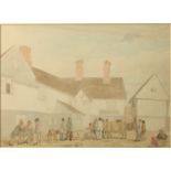 A watercolour by George J Charlton 'Market Day with Figures and Beasts by The Hen and Chickens