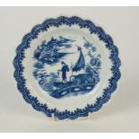 A Caughley low small dish, blue printed with the Fisherman and Cormorant pattern, diameter 7.