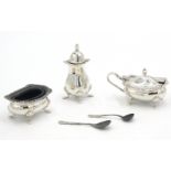 A three piece silver cruet, together with two silver condiment spoons, 4.5oz.