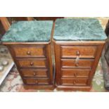 A pair of Victorian burr walnut and rosewood marble topped bedside cabinets,