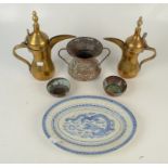 Two Turkish brass dhallah coffee pots, height 29cm, etc.