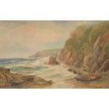 John Clark Isaac UREN A Cornish beach served by a wooden slipway Watercolour Signed 48 x 75cm