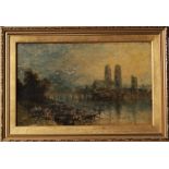 After TURNER Chelsea Bridge and Shot Towers Oil on board Inscribed on reverse 26 x 43cm
