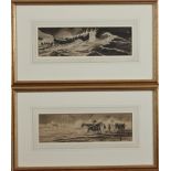 C M HANDLEY Launching and retrieving the lifeboat Pair of sepia watercolours One signed,