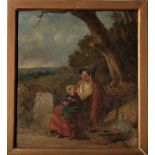 Victorian School Mother and Child Seated by a Tree Oil on board 43.5 x 38.