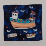 Louise FOX 'Harbour Boats' Mixed media Signed and inscribed 30.
