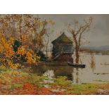 Attributed to E.W Haselhurst Autumn Lakeside Watercolour 24.