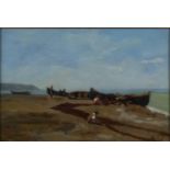 Follower of Nino COSTA (1826-1903) Boats and figures on a beach (possibly Porto d'Anzio) Oil on