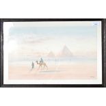 F. CATANO Camels and the Pyramids Watercolour 24 x 49.