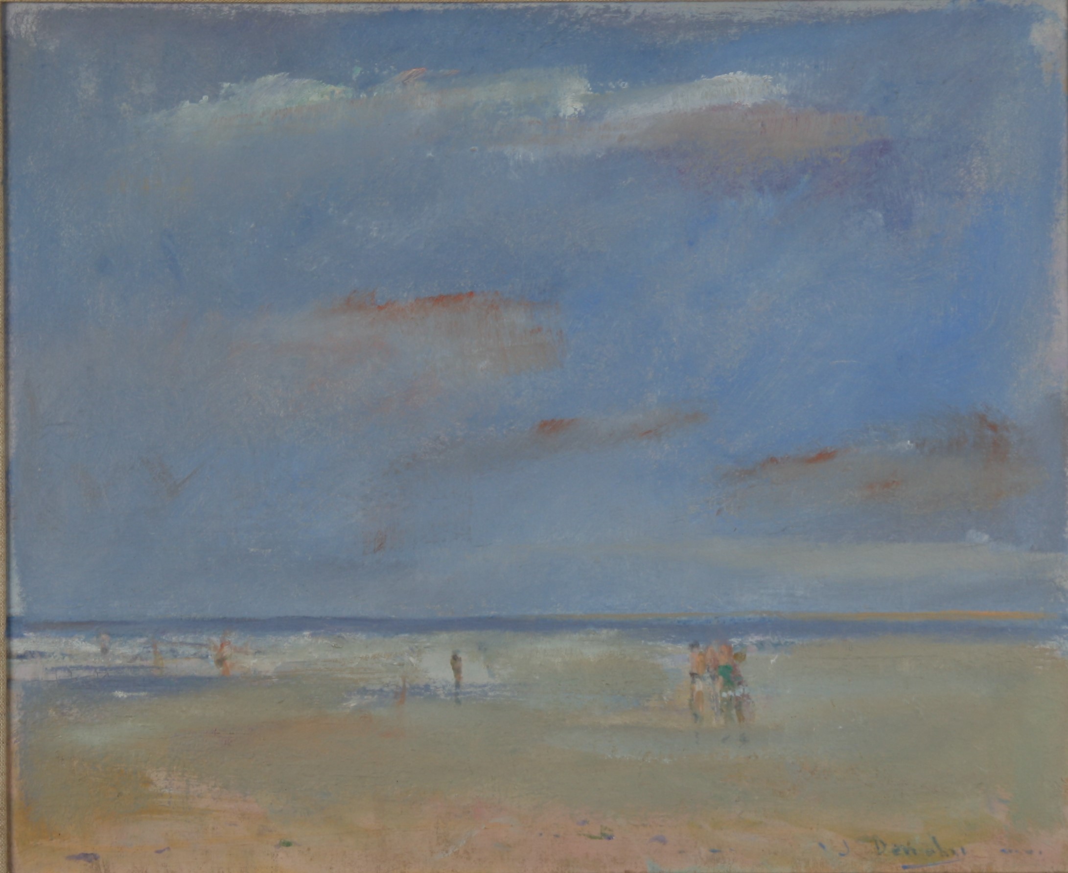 John Albert DENAHY (1922-?) Blonvlle beach France Oil on board Signed Labeled to the back 40 x