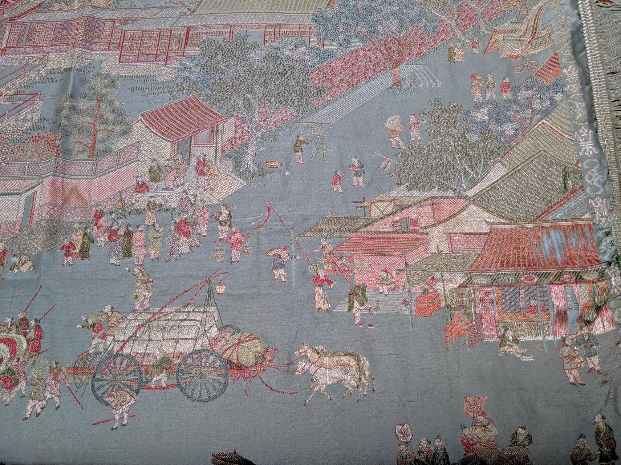 A Chinese silk panel, early-mid 20th century, decorated with a street scene and procession, - Image 9 of 13