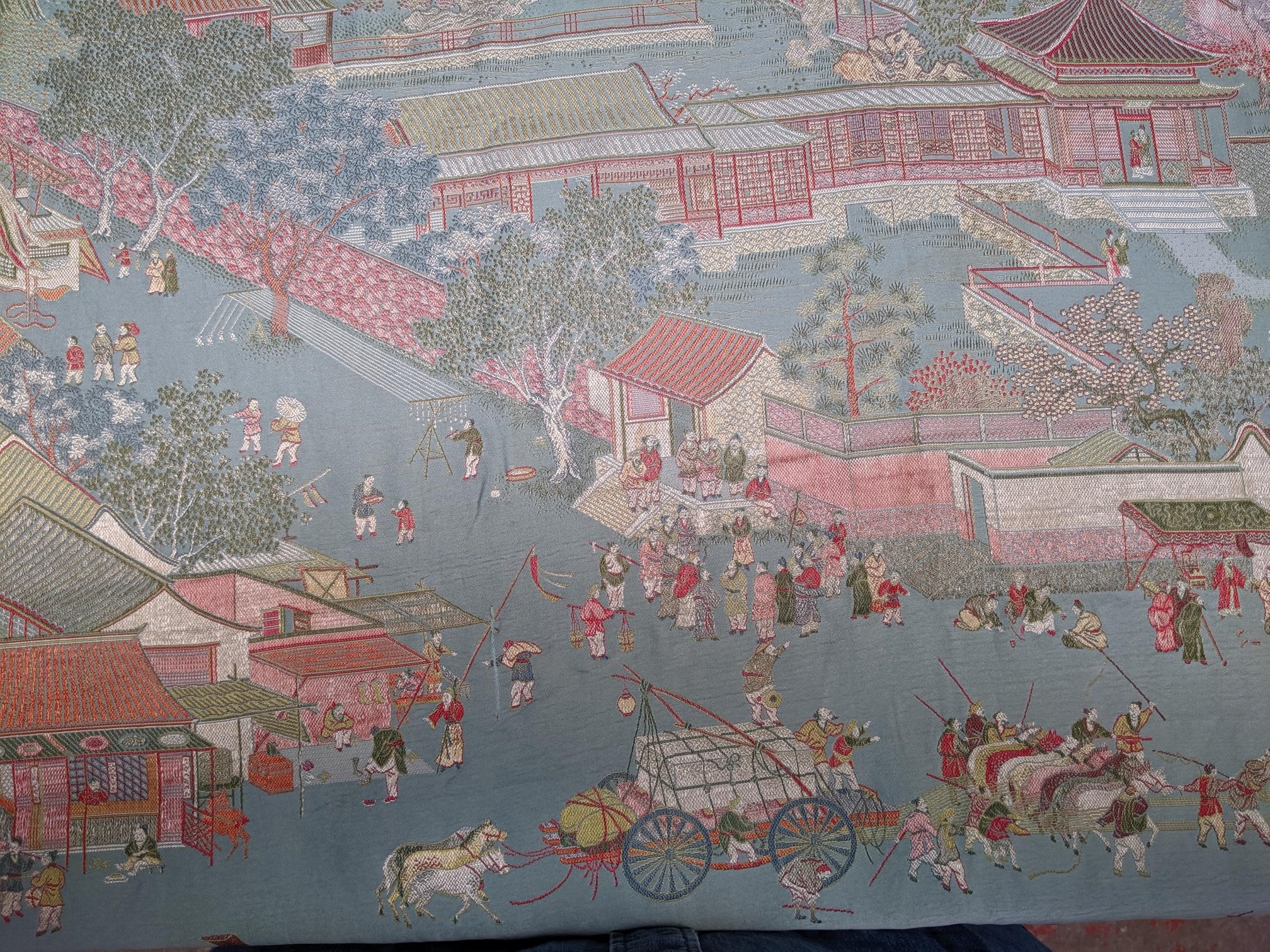 A Chinese silk panel, early-mid 20th century, decorated with a street scene and procession, - Image 3 of 13