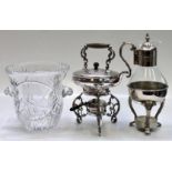 An ornate Victorian spirit kettle and burner, together with a cut glass presentation ice bucket,