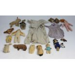 Vintage clothing and cuddly toys to include a Merrythought rabbit.