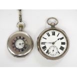 A silver keyless half hunter cased pocket watch and a large key wind silver cased pocket watch with