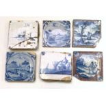 A group of six Delft tiles, 18th century.