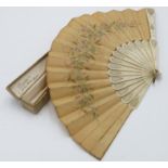 A French fan, late 19th century, the silk leaf with wheat and floral painted decoration,