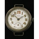 A silver cased trench type wristwatch white enamel dial signed EWS with luminous Arabic numerals