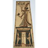 A linen wall hanging, early 20th century, worked in colours with an Egyptian figure and motifs,