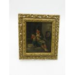 A 19th century continental oil painting of young boy and a dog on a step, painted on tin, 19 x 16cm,