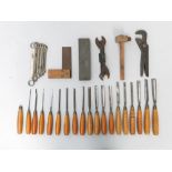 Seventeen beech handled wood chisels, early to mid 20th century, some with maker's stamps,