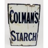 A Colman's starch enamel advertising sign, blue letters on a white ground, height 91cm, width 61cm.